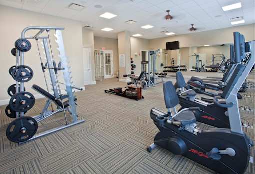 A gym with a variety of equipment including weights and treadmills.