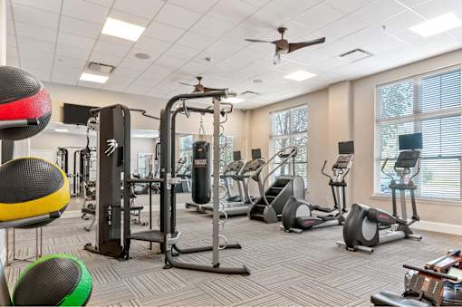 A gym with a variety of equipment including treadmills, stationary bikes, and weight machines.