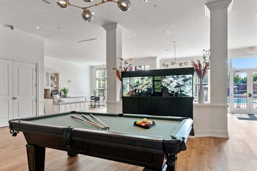 A pool table in a room with a fish tank in the background.