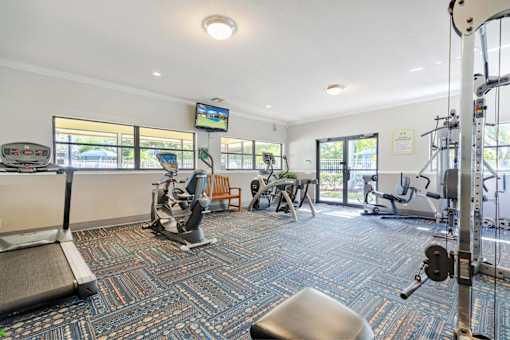 A gym with a variety of equipment including treadmills, weights, and exercise machines.