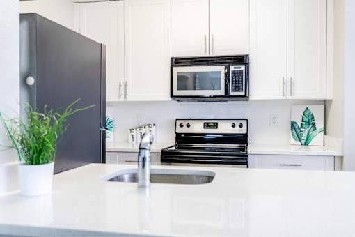A kitchen with a black refrigerator, a black microwave, and a white countertop.