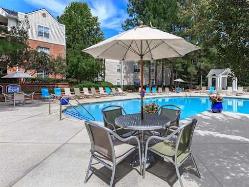 A patio with a table and chairs and a pool.