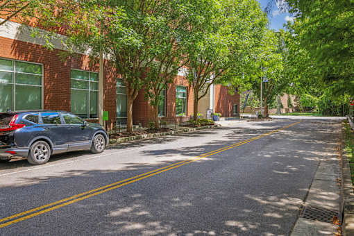 A tree-lined street with a parked car on the side.