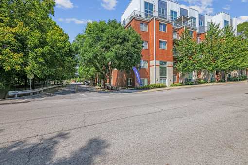 A street view of a residential area with trees and buildings.