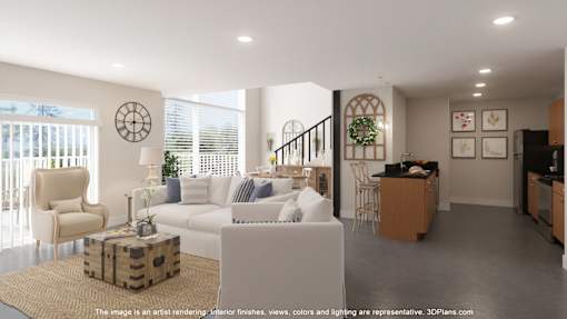 Pet-Friendly Apartments in Nashville, TN - The Marquee at Belle Meade - Rendering of Open-Concept Living Room With White Sofa, Polished Concrete Floors, Modern Lighting, and Kitchen Island.