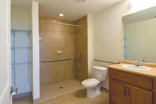 Bathroom with handicap accessible shower, toilet, sink with cabinet, mirror, and shelving
