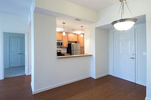 Wheel chair accessible apartment entrance with wood style flooring looking into kitchen with stainless steel appliances