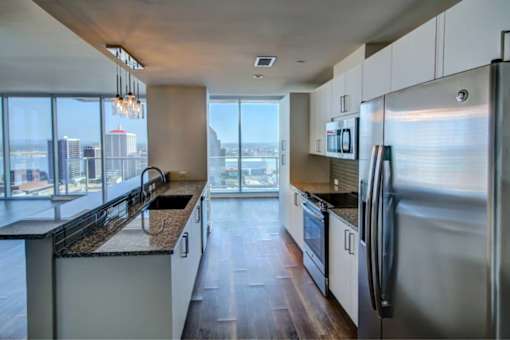 A modern kitchen with a view of the city.