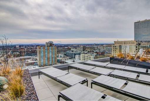 A rooftop with a view of the cityscape.
