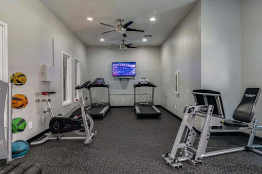 the gym is equipped with state of the art equipment including treadmills and weights