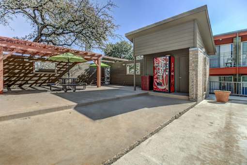 Poolside gazebo with beverage vending machine