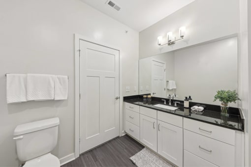 a white bathroom with a large mirror and a toilet