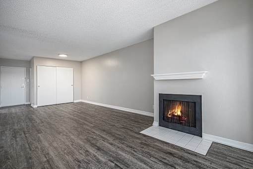 A modern living room with a fireplace and wood flooring.