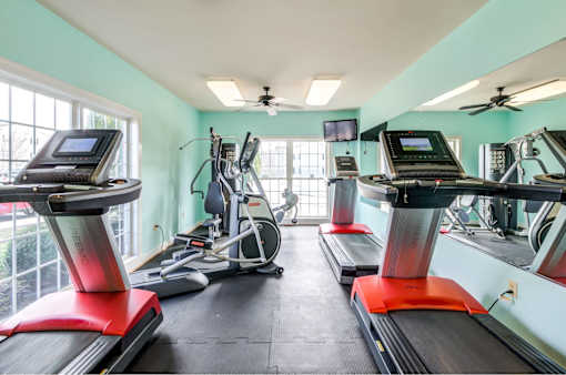 A gym with treadmills, elliptical machines, and a fan.