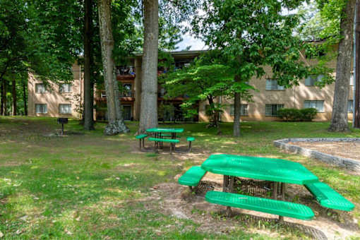 A green picnic table is in the foreground of a grassy area with trees and a building in the background.