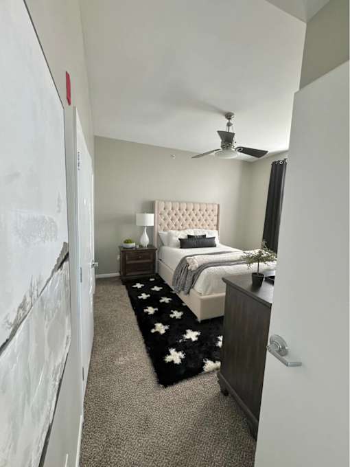 A bedroom with a bed, nightstand, and a rug with white stars.