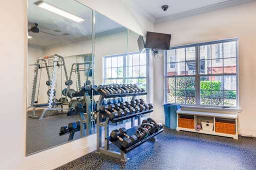 A gym with a mirror, weights, and exercise equipment.