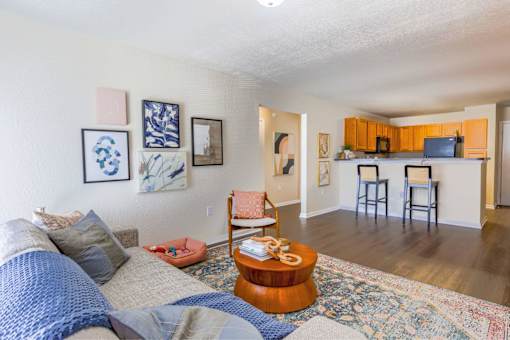 A living room with a couch, a coffee table, and a TV.