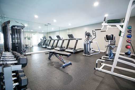 A gym with a variety of equipment including treadmills, weights, and exercise machines.
