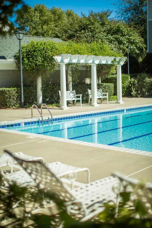 A pool with a white pergola and chairs.