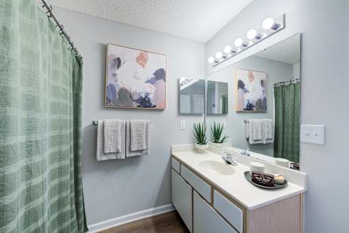 A bathroom with a green shower curtain and a painting on the wall.