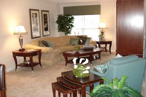 A living room with a couch, chairs, and a potted plant.