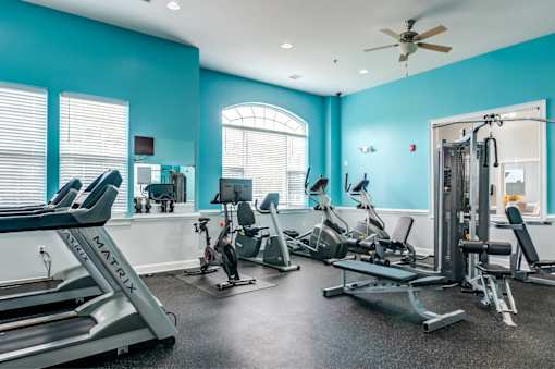 A gym with a variety of equipment including treadmills, weights, and a fan.