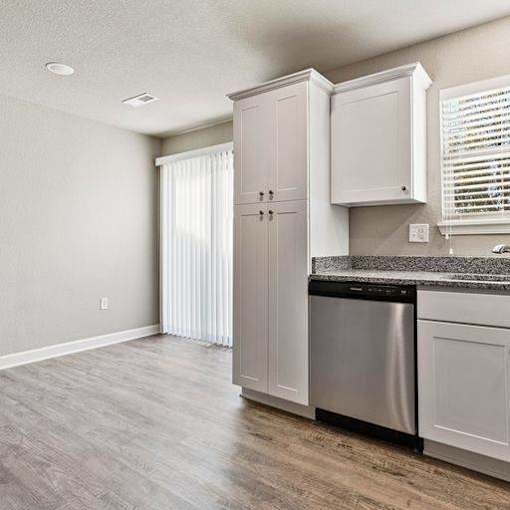 A kitchen with a dishwasher and cabinets.