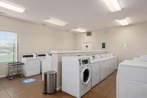 Dog-Friendly Apartments in Lawrence, KS - Remington Square - Laundry Room with a Washer, Numerous Dryers, Trash Bin, Laundry Cart, Light Fixtures, and a Large Window with Blinds.