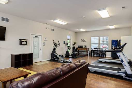A living room with a treadmill and a couch.