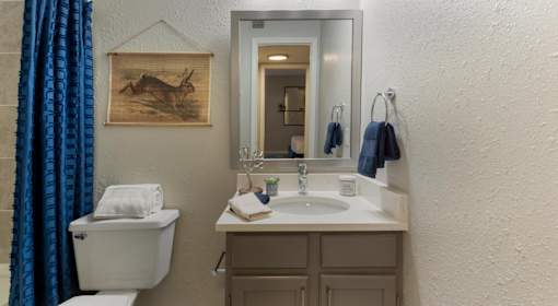 A bathroom with a toilet, sink, mirror, and a painting of a deer.