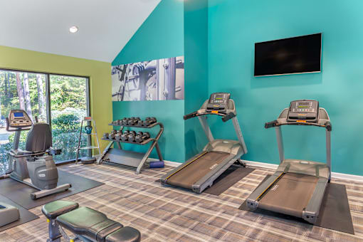 A gym with treadmills, exercise bikes, and a flat screen TV.