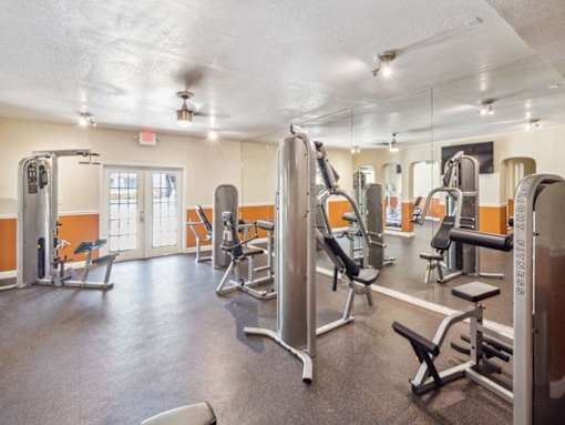 A gym with a variety of equipment including treadmills, weight machines, and benches.