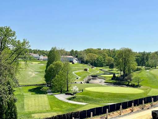 A golf course with a green and a tree in the foreground.