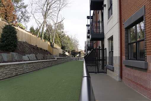 A long, narrow green space is situated between two buildings.