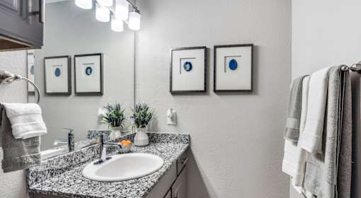 A bathroom with a sink, mirror, and three framed pictures on the wall.