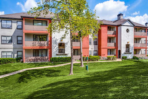 A tree stands in front of apartment buildings.