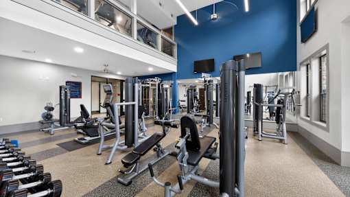 A gym with a variety of equipment including dumbbells, weight machines, and benches.
