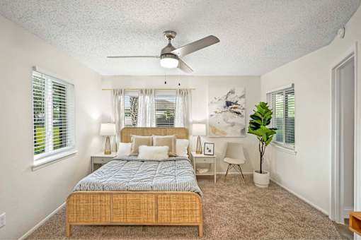A bedroom with a bed, chair, and plant.