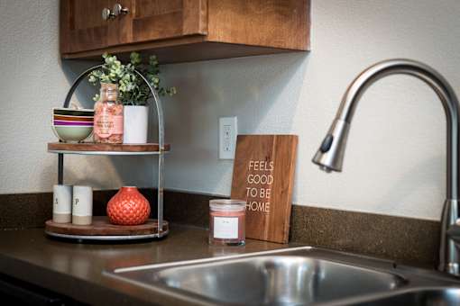 A kitchen counter with a sink, a plant, and a sign that says "Feels good to be home".