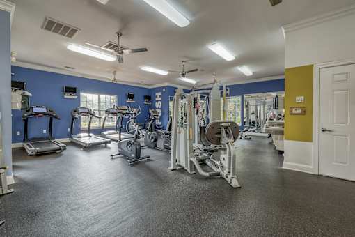 A spacious gym with a variety of equipment.