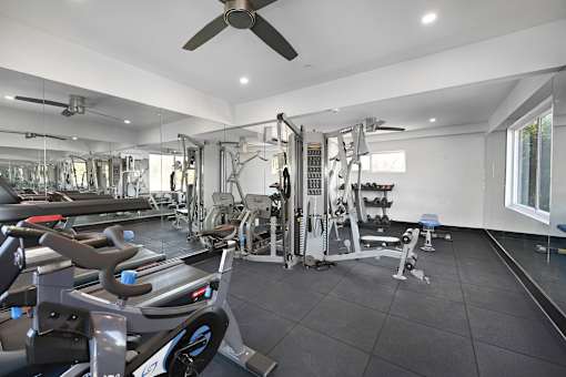 A spacious gym with a variety of equipment including treadmills, weights, and a ceiling fan.