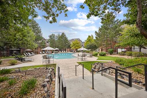 A pool surrounded by trees and a stone wall.