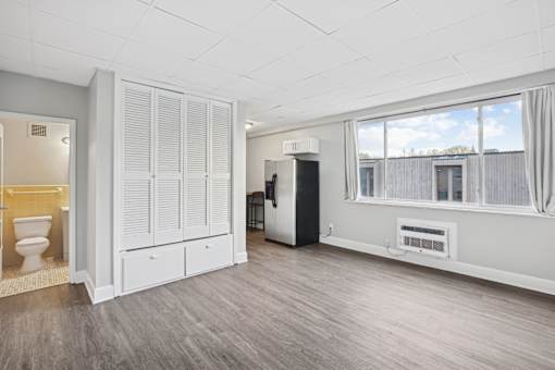 A room with a toilet, a cabinet, and a window.