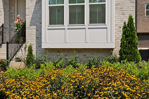 A house with a white window and a black railing.