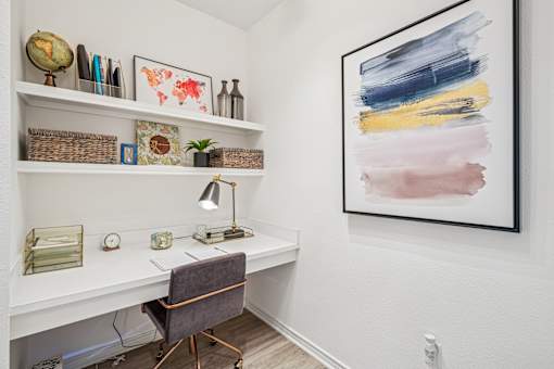 A room with a desk, chair, and a painting on the wall.