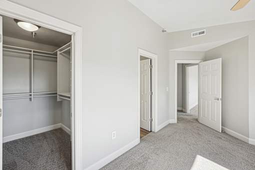 A white room with a walk-in closet and a carpeted floor.
