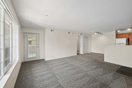 A large, empty room with a grey carpet and white walls.