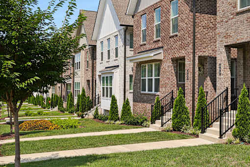 A row of houses with a tree in front of the first one.