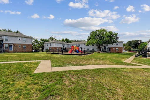 A playground with a slide and a tree in the middle of a grassy area.